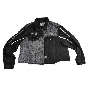 White Birch Jean Jacket Medium M Womens Denim Cropped Distressed‎ Black Leopard